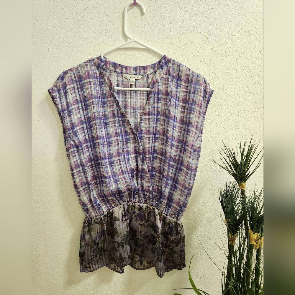 CAbi Eva Purple Multi Print Floral And Plaid Sleeveless Peplum Blouse